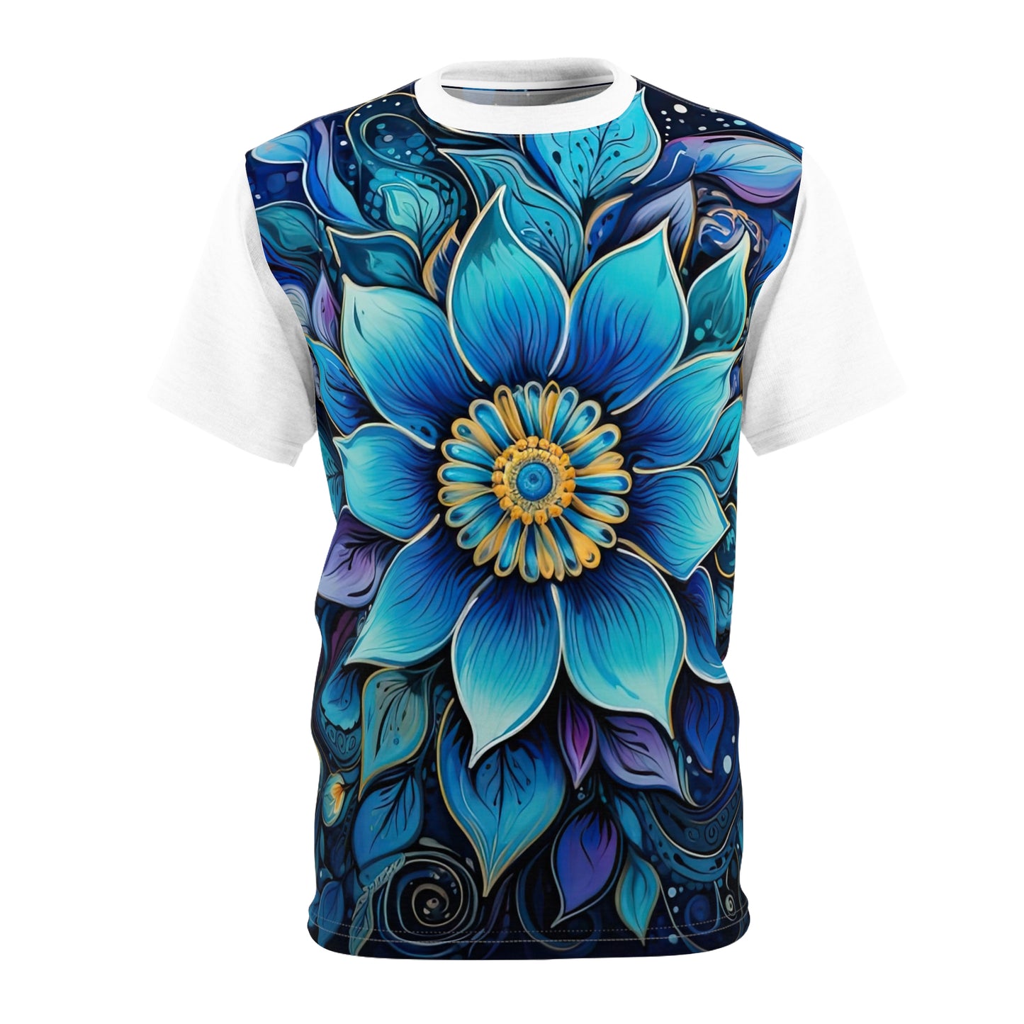 Blue Floral Mandala in White - Fashion Tee