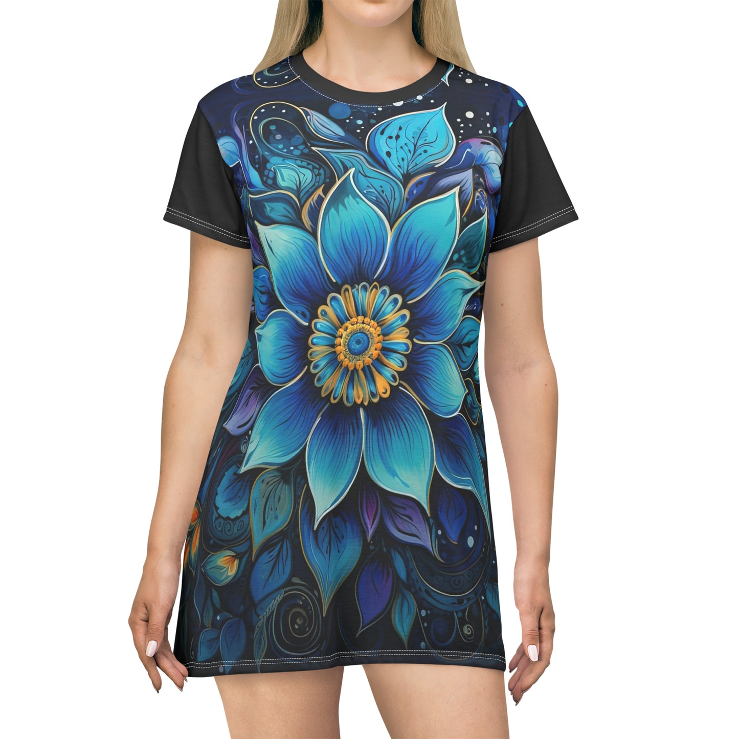 Blue Floral Mandala - Artsy T-Shirt Dress