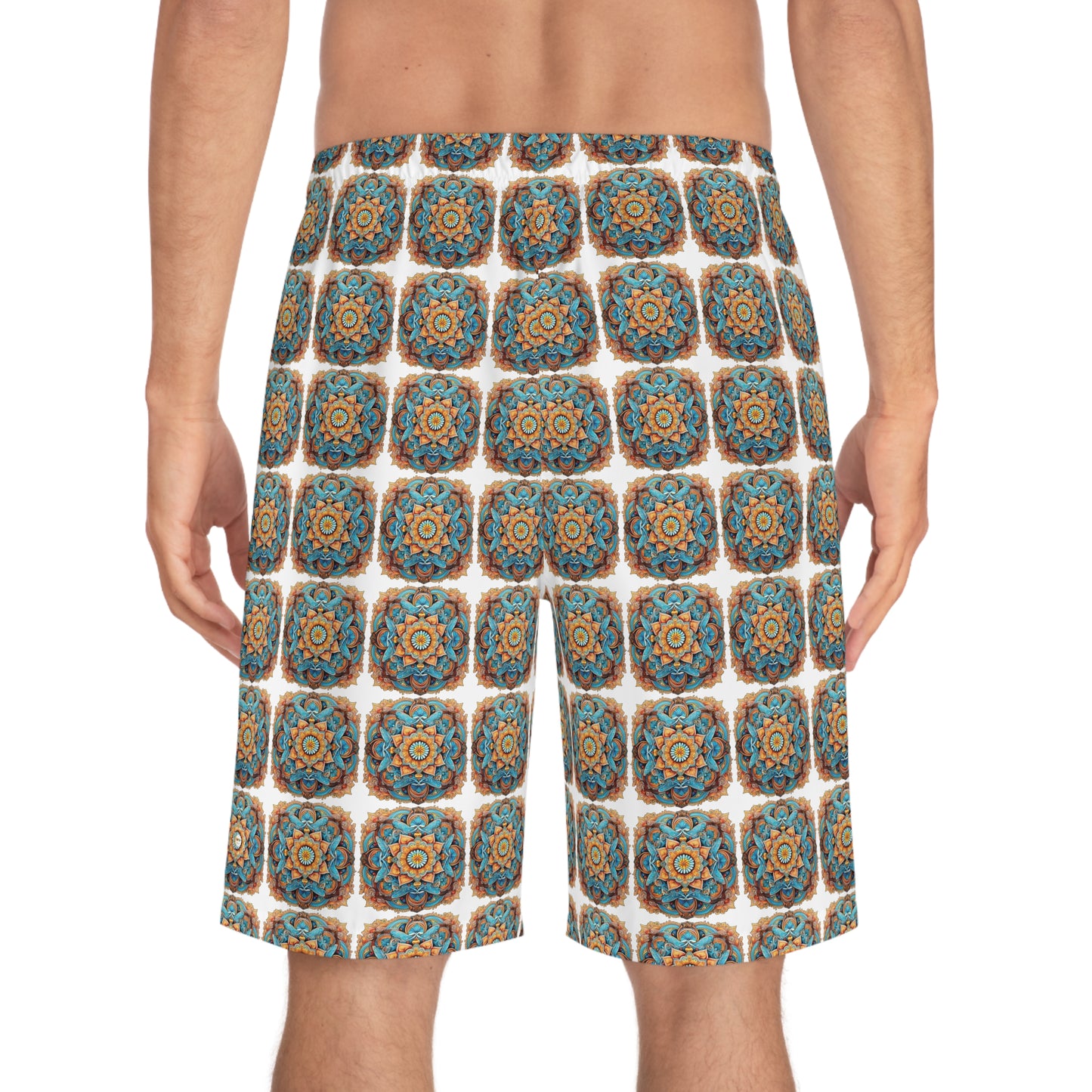 Winged Mandala in White Mosaic - Artistic Board Shorts