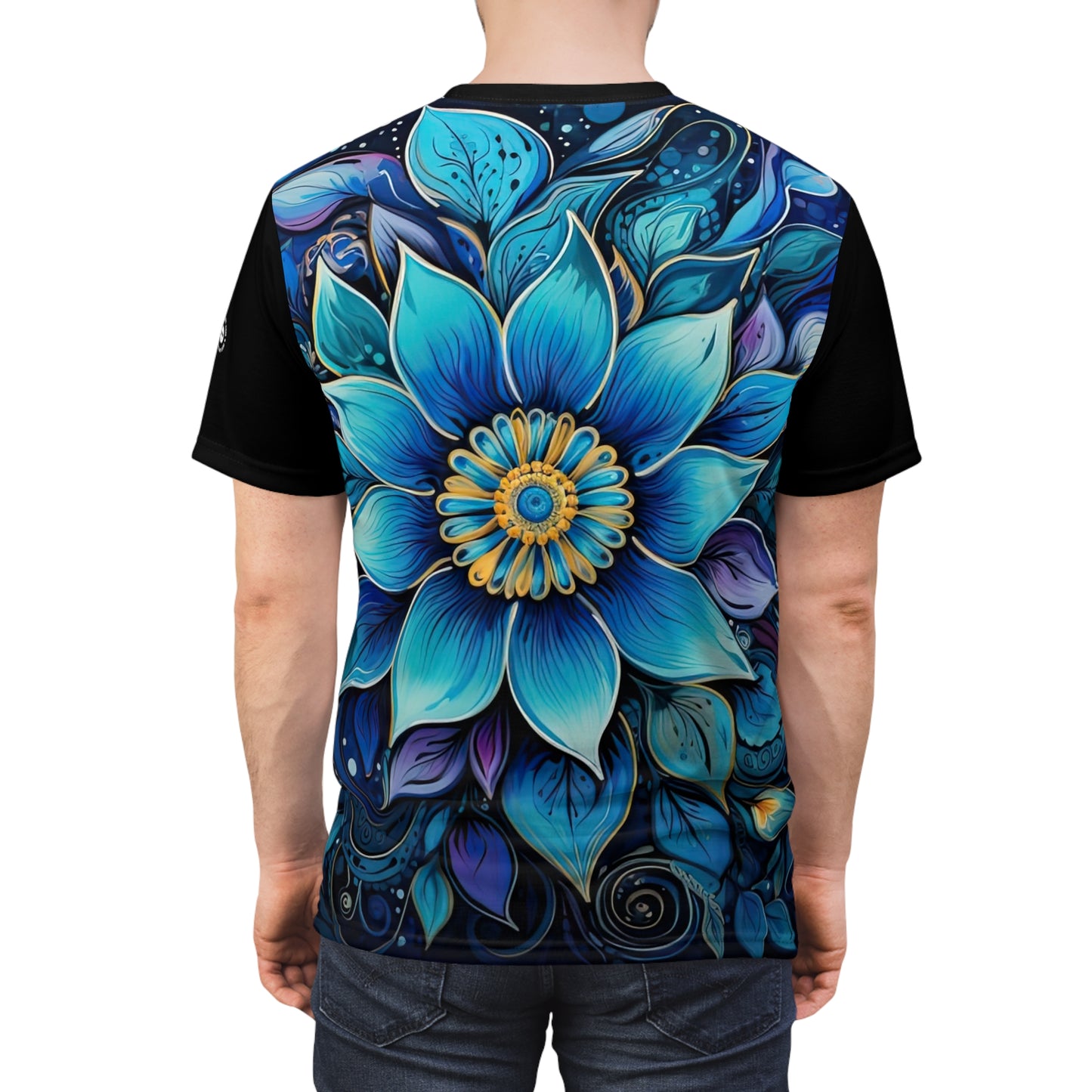 Blue Floral Mandala in Black - Fashion Tee