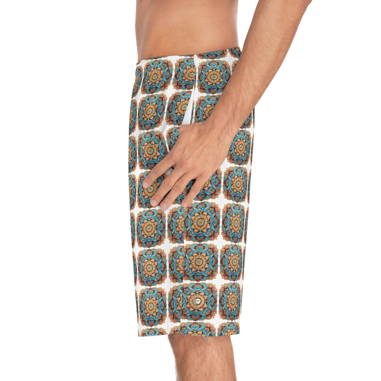 Winged Mandala in White Mosaic - Artistic Board Shorts