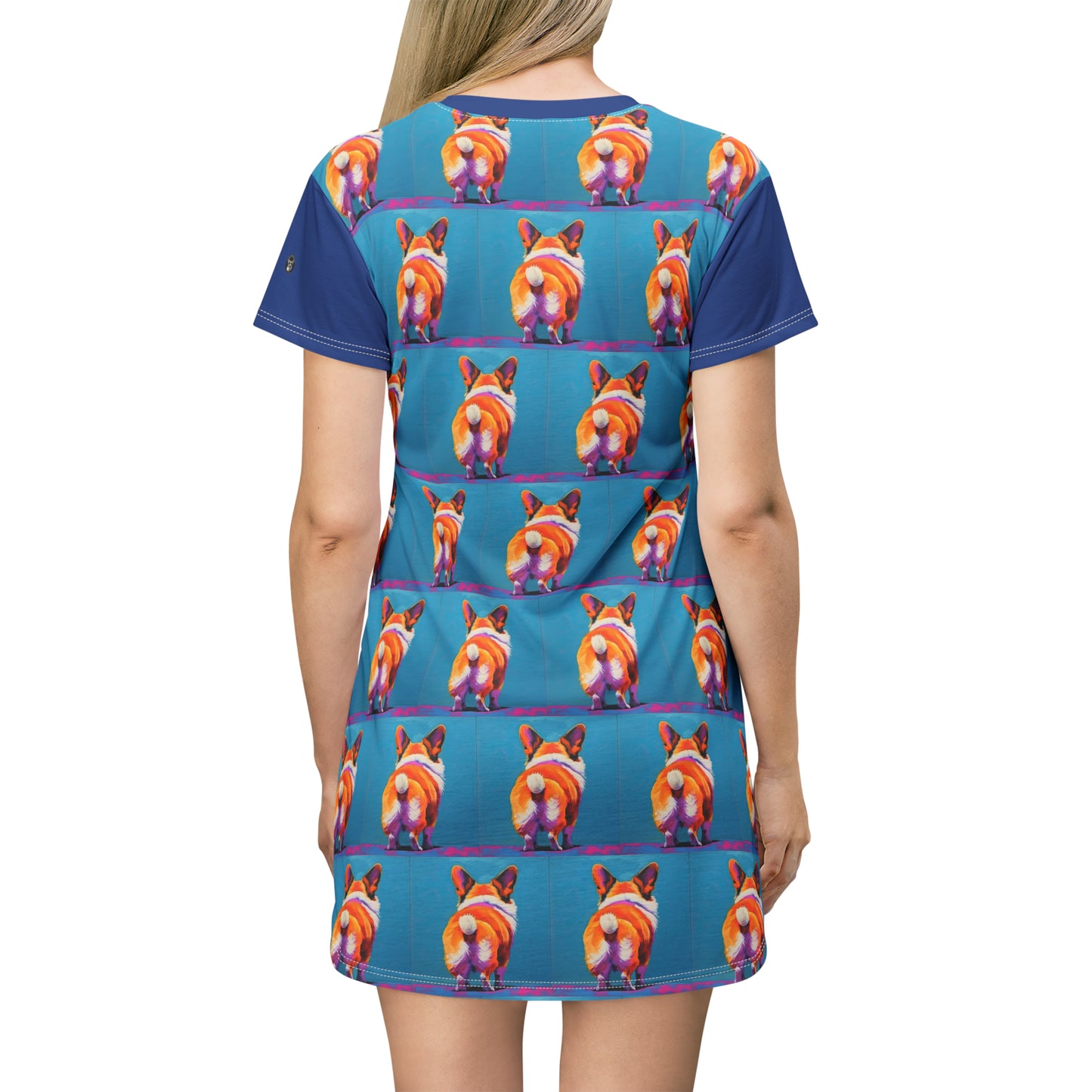 Corgi Butt Mosaic in Blue - Artsy T-Shirt Dress