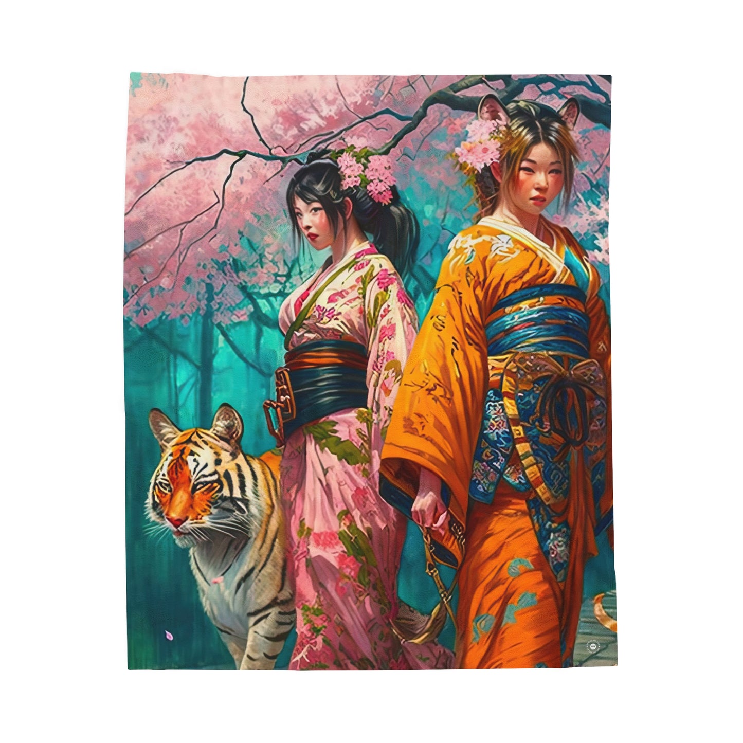 Cherry Blossom Tiger Geishas - Artsy Throw Blanket