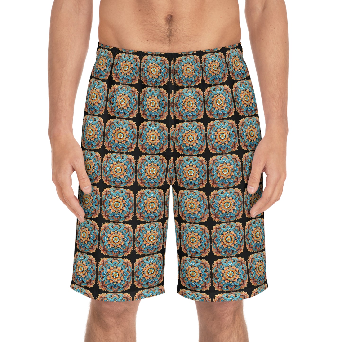 Winged Mandala Mosaic in Black - Artistic Board Shorts