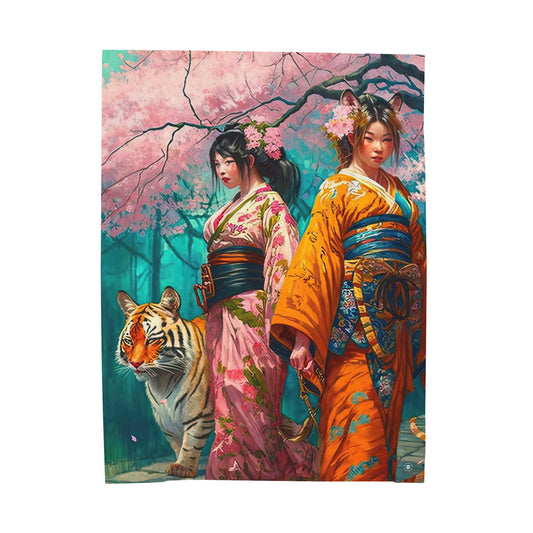 Cherry Blossom Tiger Geishas - Artsy Throw Blanket