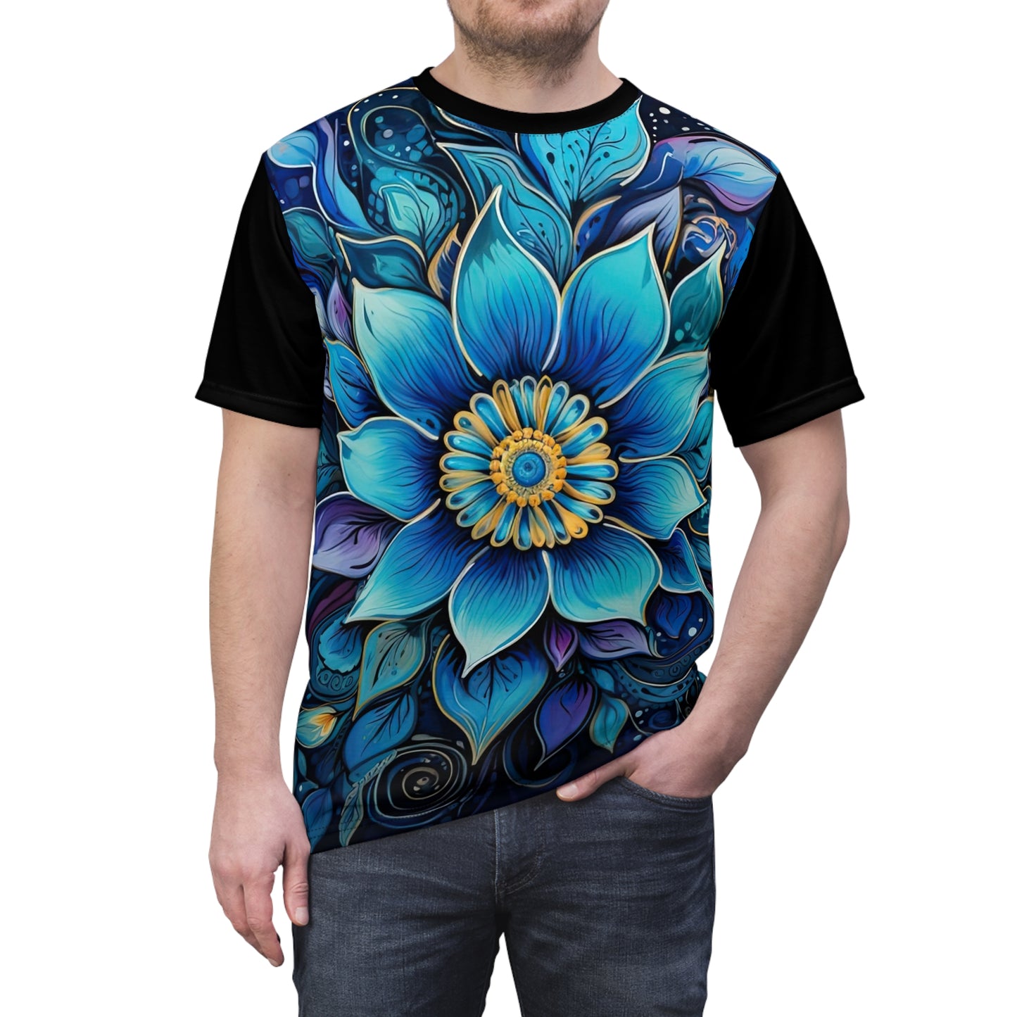 Blue Floral Mandala in Black - Fashion Tee