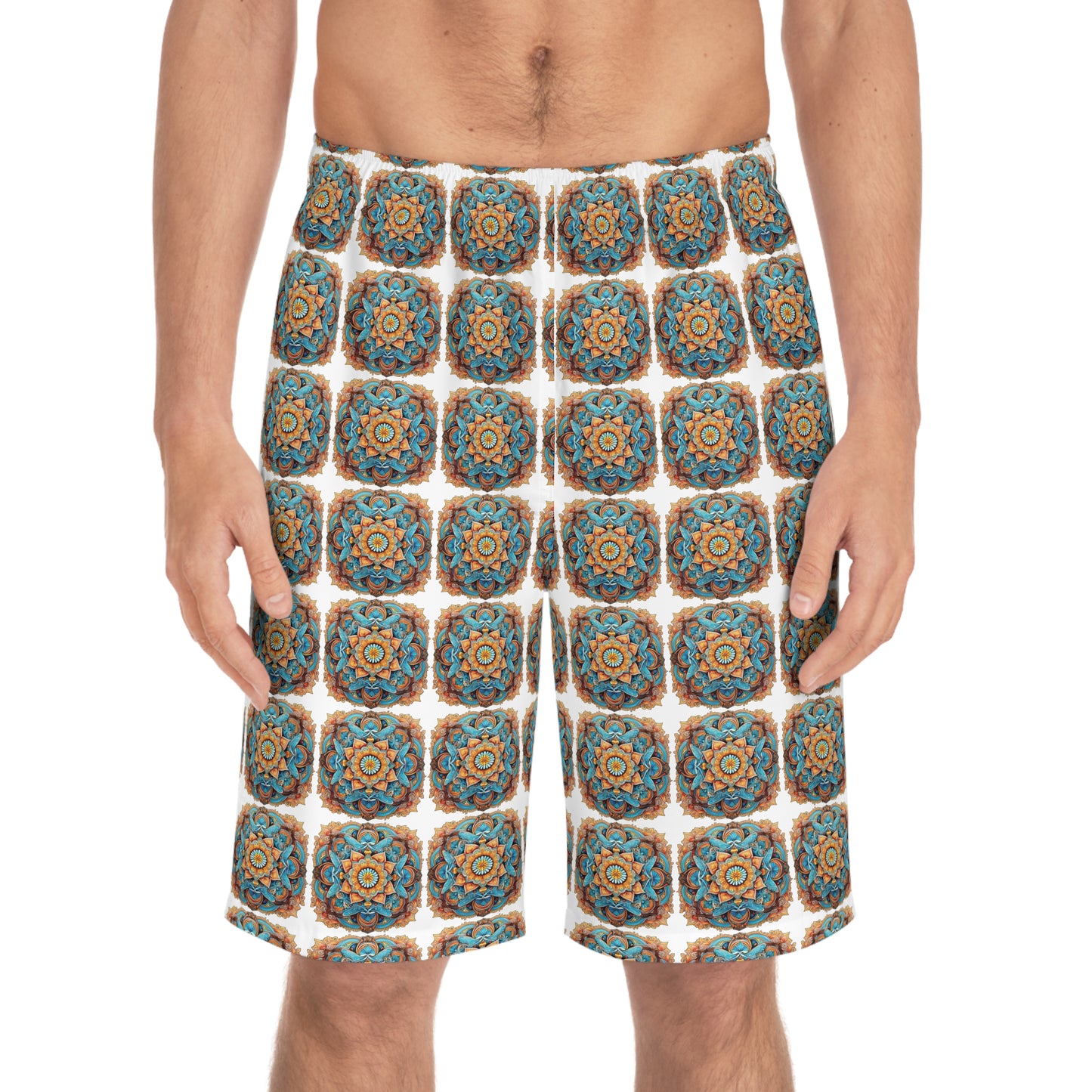 Winged Mandala in White Mosaic - Artistic Board Shorts