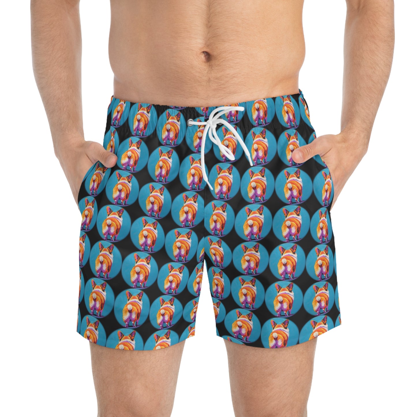 Corgi Butt Dots in Black - Artsy Swim Trunks