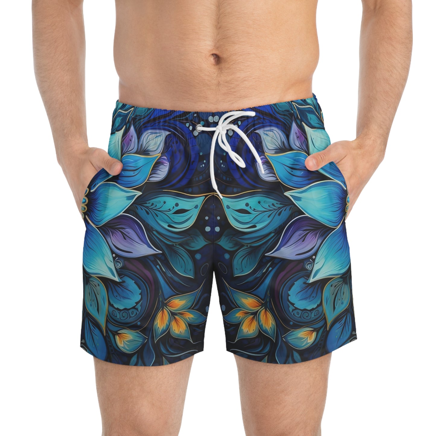 Blue Floral Mandala - Artsy Swim Trunks