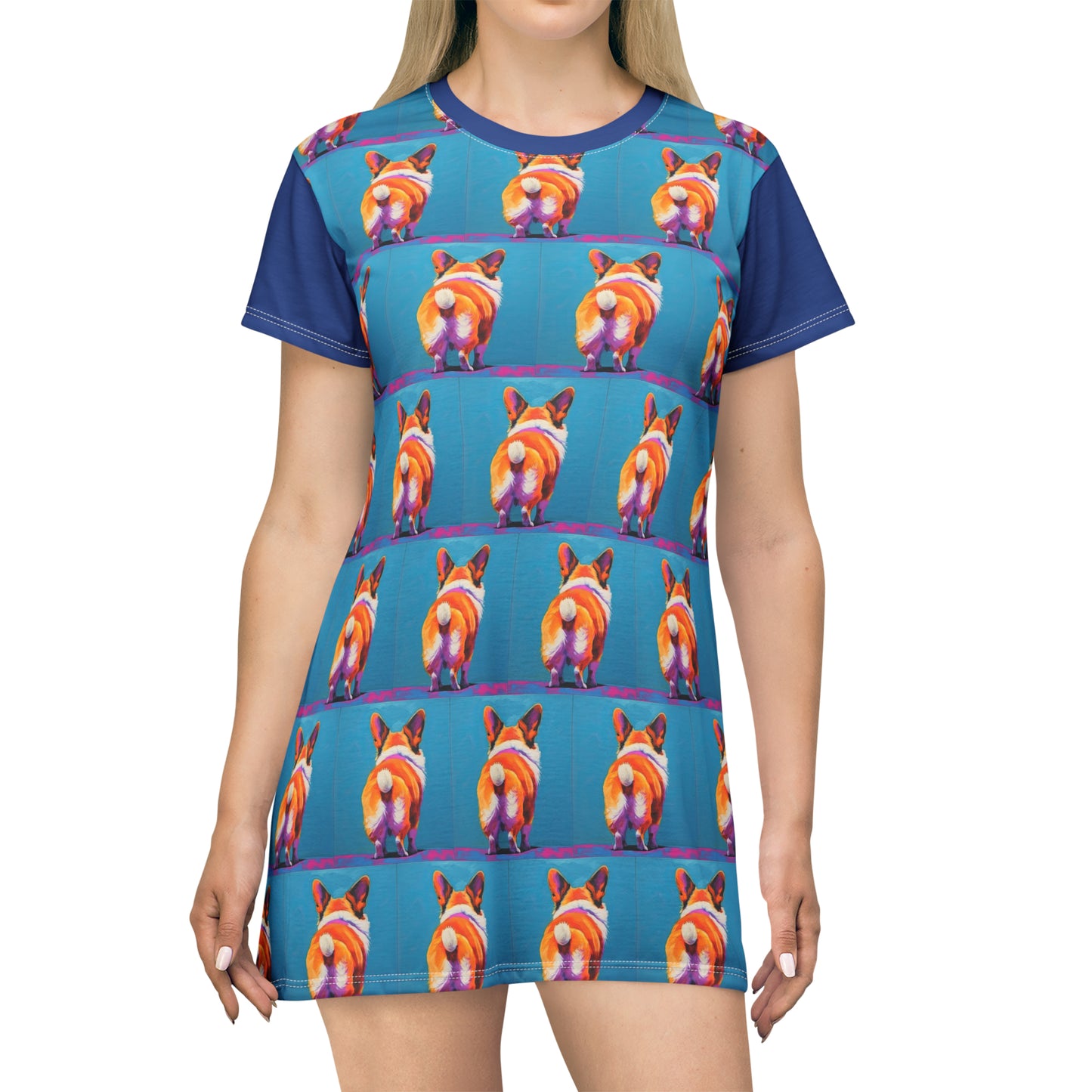 Corgi Butt Mosaic in Blue - Artsy T-Shirt Dress