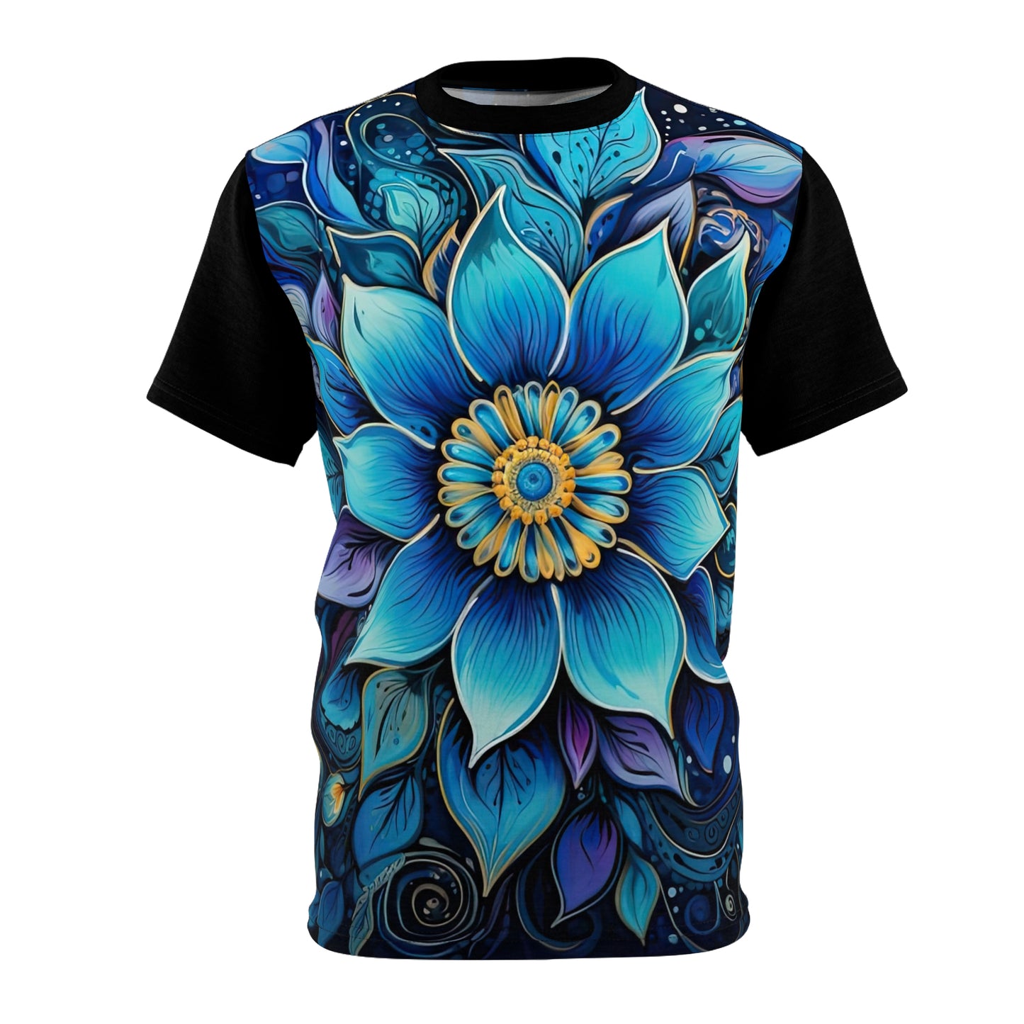 Blue Floral Mandala in Black - Fashion Tee