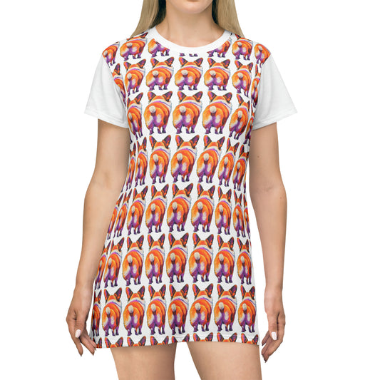 Corgi Butt Mosaic in White - Artsy T-Shirt Dress