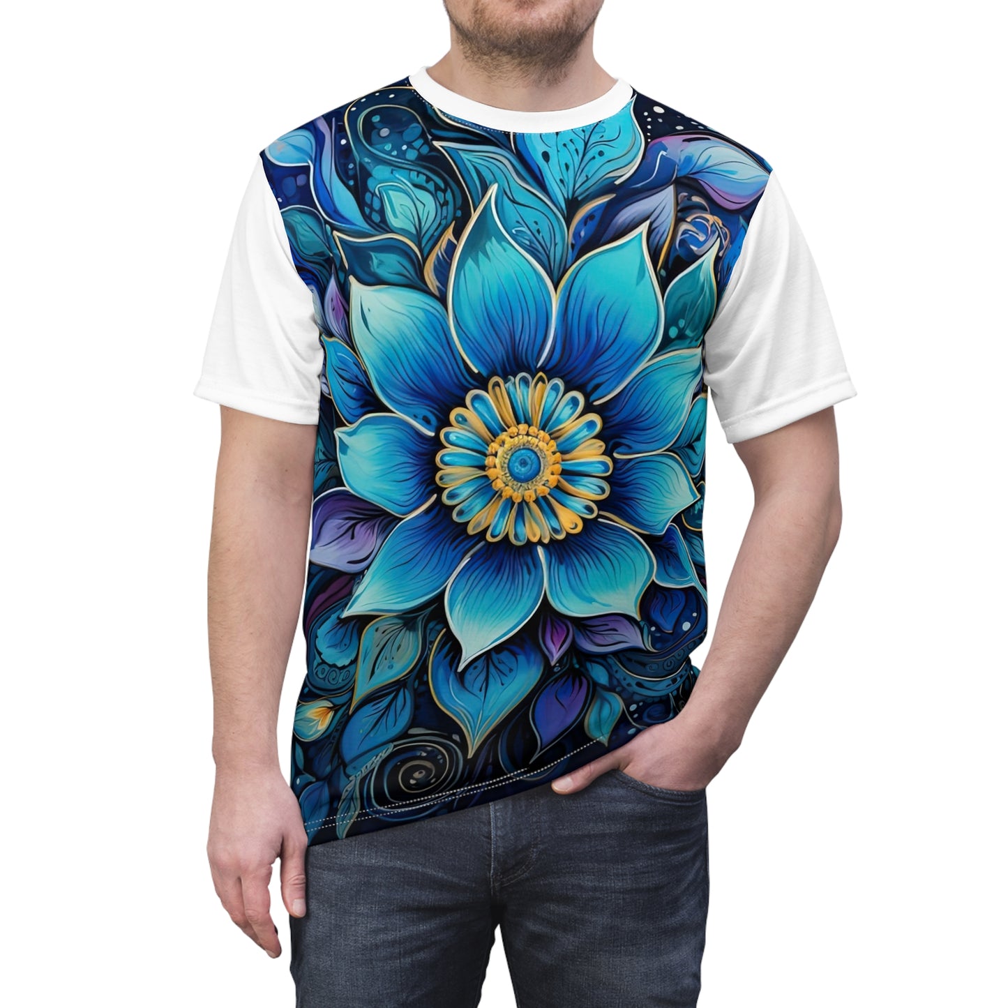 Blue Floral Mandala in White - Fashion Tee