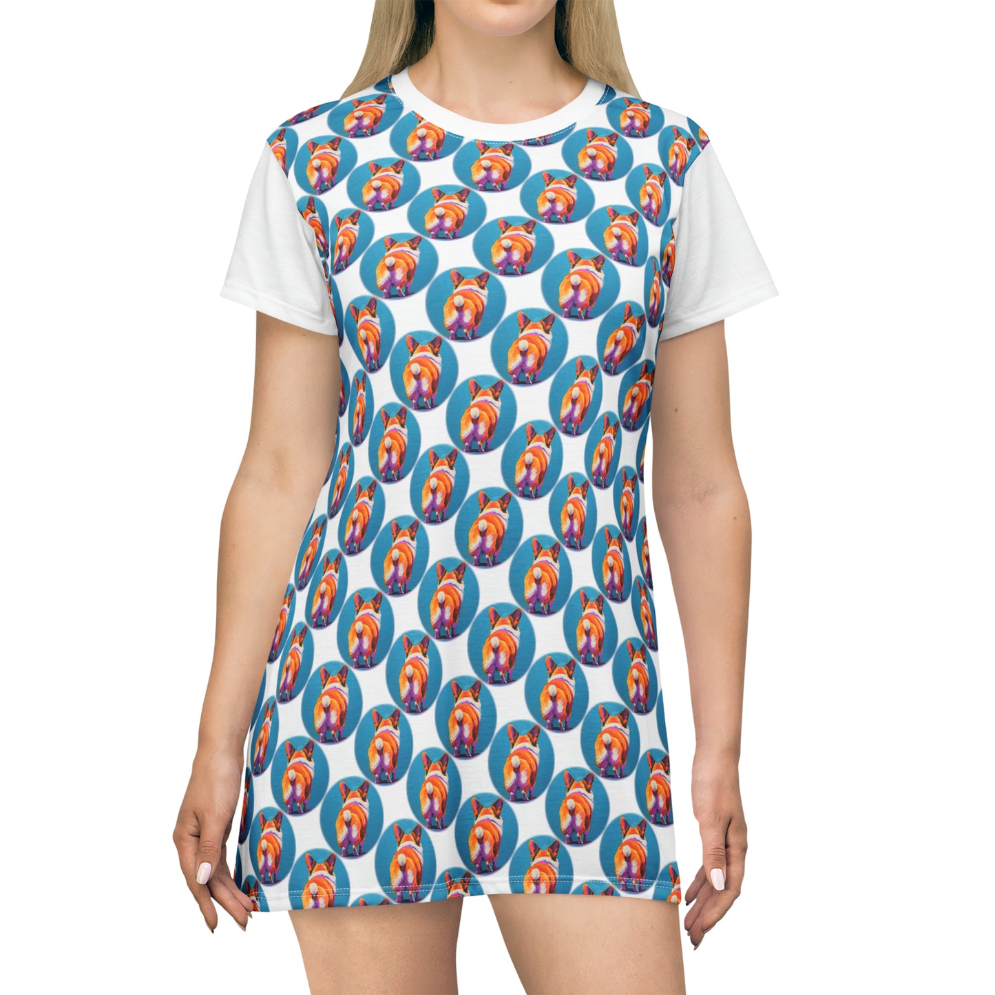 Corgi Butt Dots in White - Artsy T-Shirt Dress