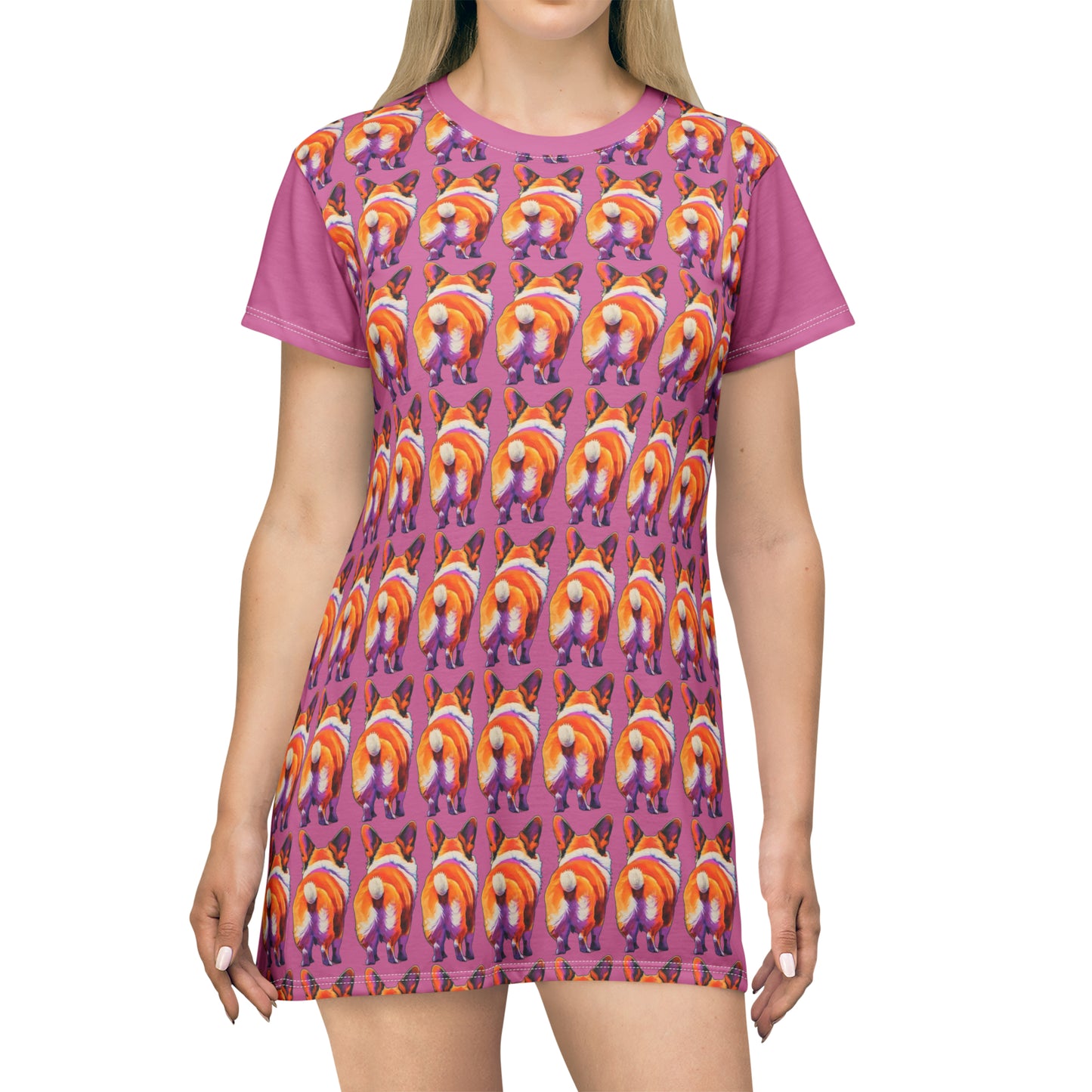 Corgi Butt Mosaic in Pink - Artsy T-Shirt Dress