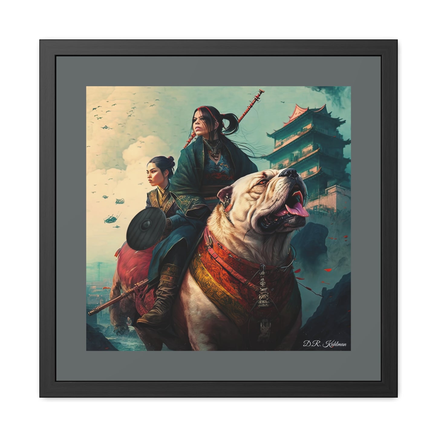 Samurai Sisters Battle Dog - Framed Fine Art Print