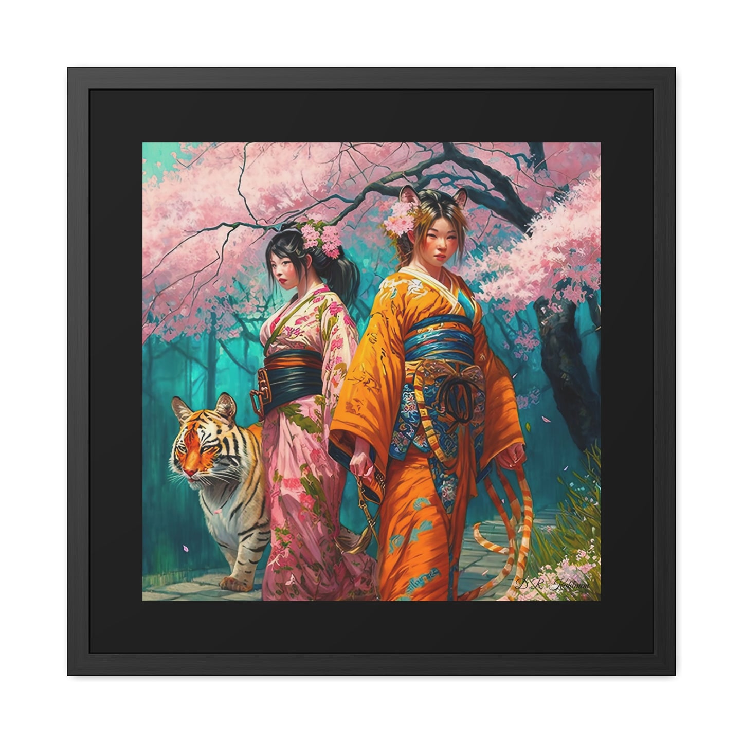 Cherry Blossom Tiger Geishas - Framed Fine Art Print