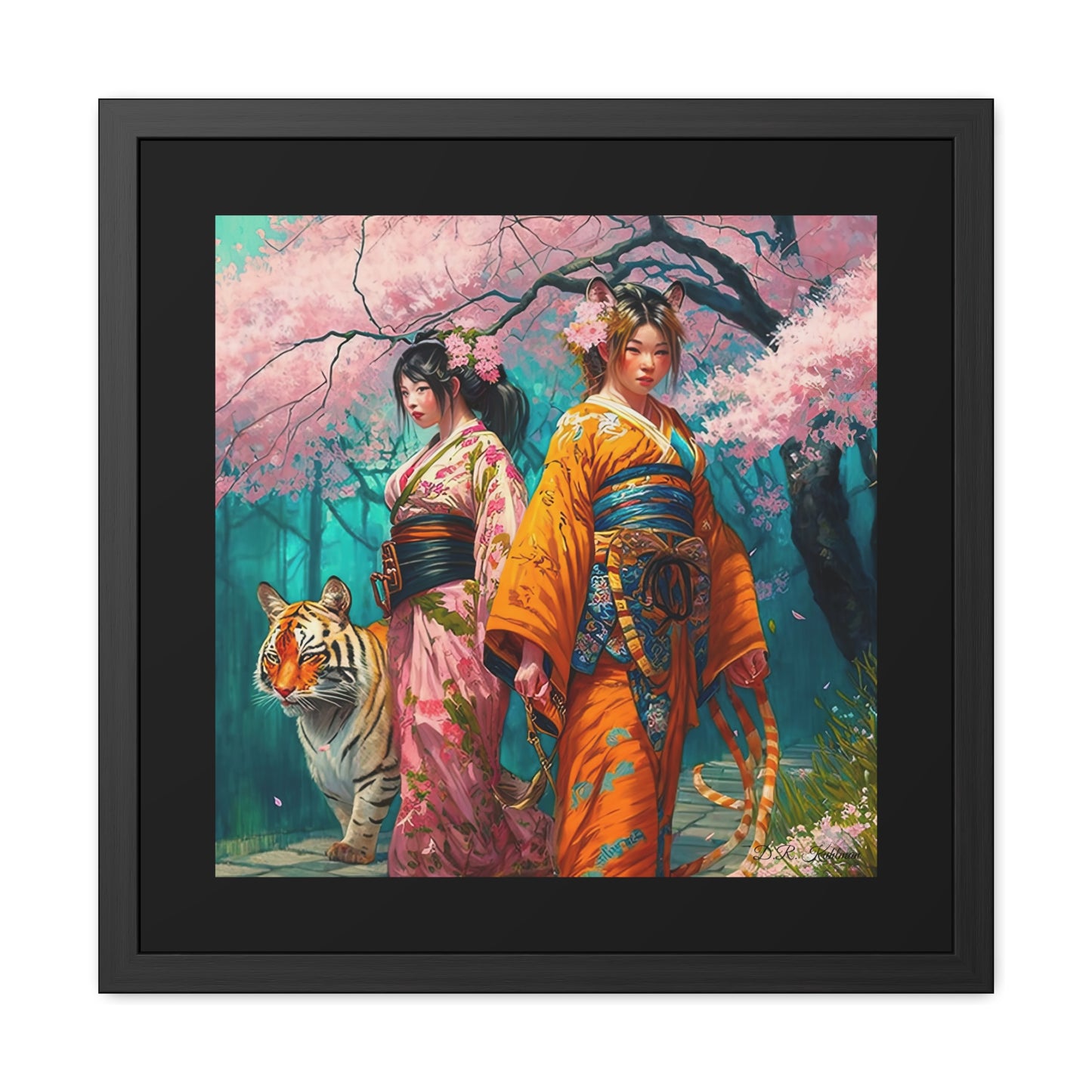 Cherry Blossom Tiger Geishas - Framed Fine Art Print